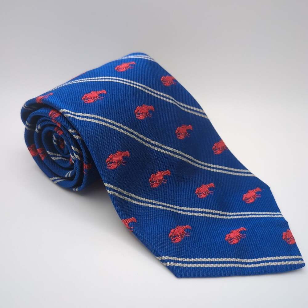 Polo Ralph Lauren Tie (3 1/2" Wide, Blue, White-Striped, Lobster, Italy)